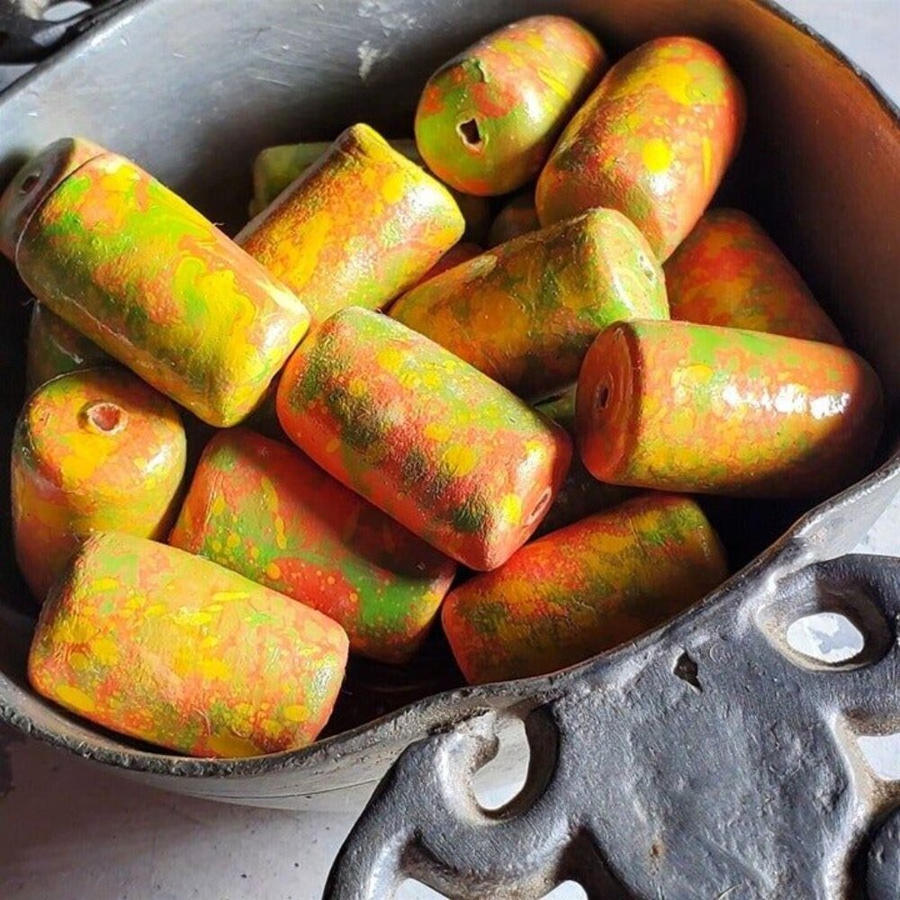 Vintage Japanese Mottled Decoupage Beads Coral Pink Cream Green 22mm Tube 4pcs